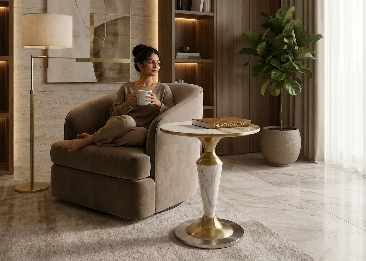 Woman sitting on a plush chair in a modern living room with a gold side table.
