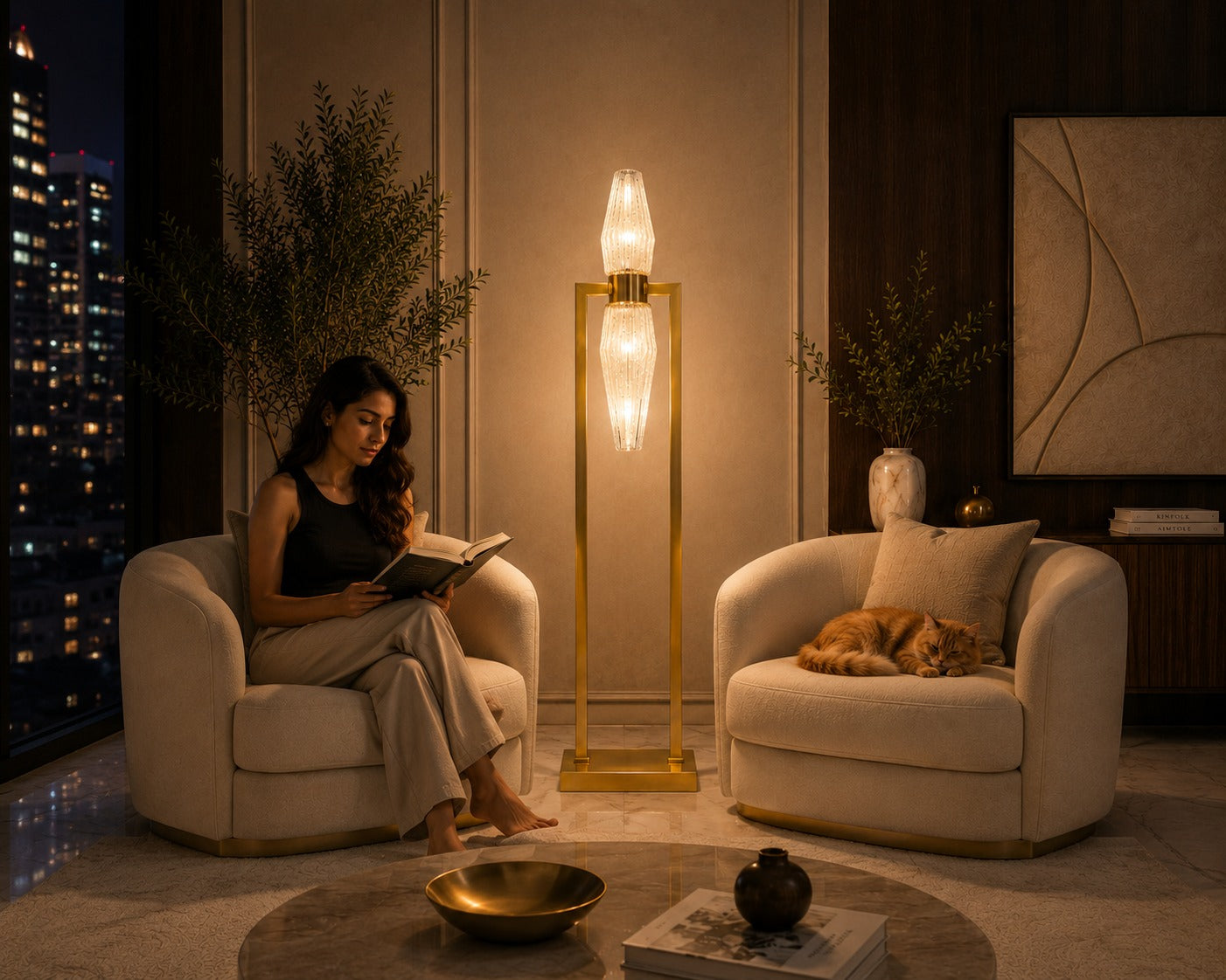 Woman reading a book in a cozy living room with a dog and decorative lamp.