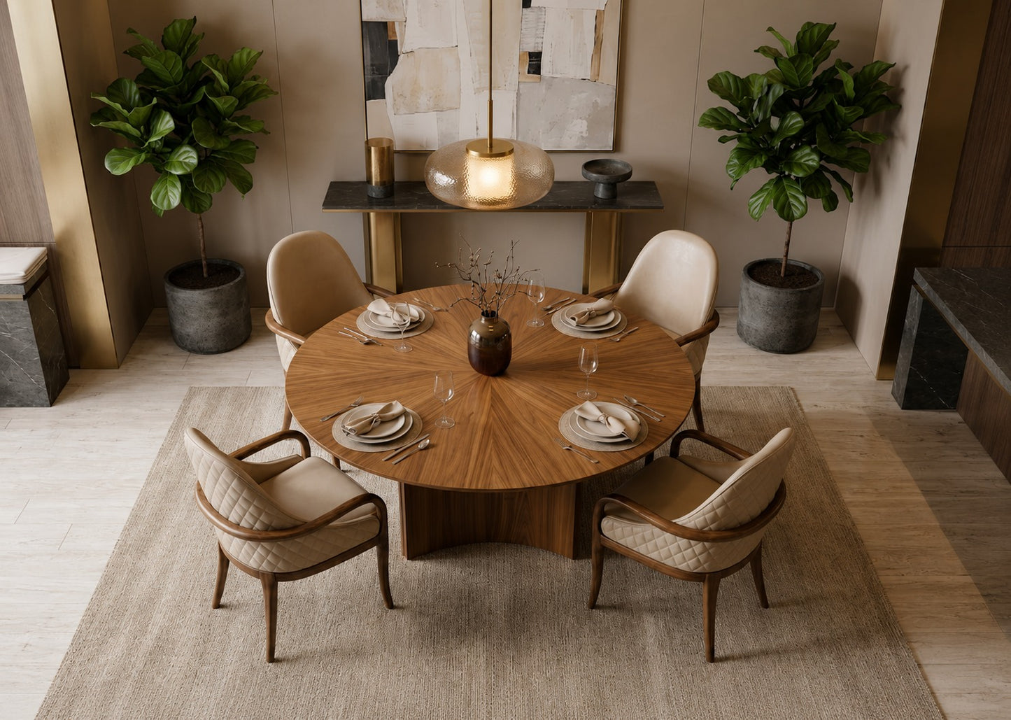 Dining room with a round wooden table and four chairs, set for a meal.