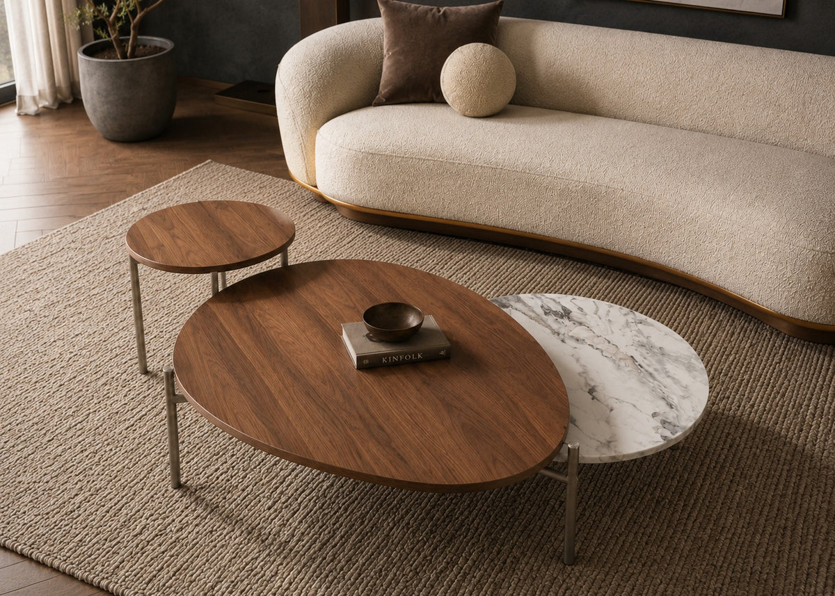 Modern living room with a beige sofa, wooden coffee table, and marble side table.