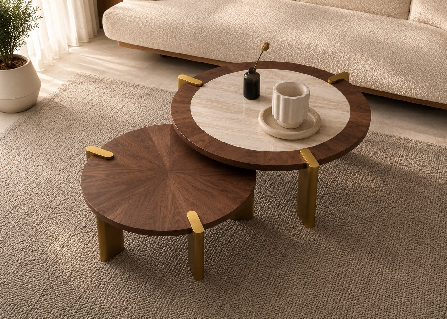 Wooden coffee table set in a living room with a beige sofa and rug.