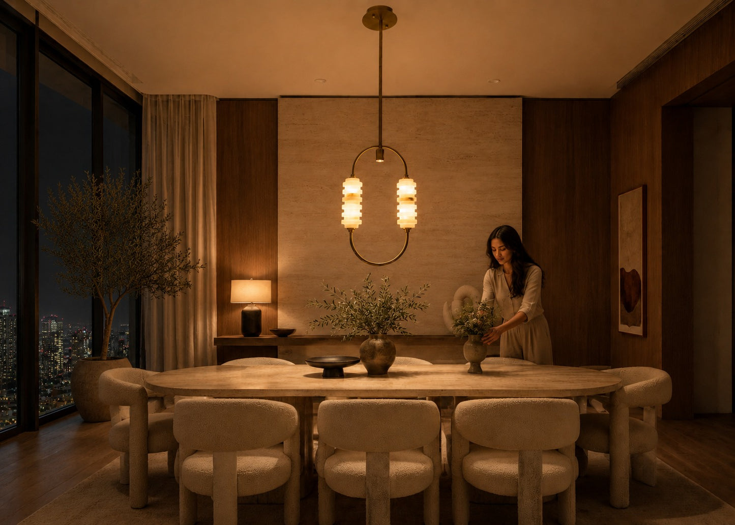 Woman arranging flowers in a modern dining room with a cityscape view.