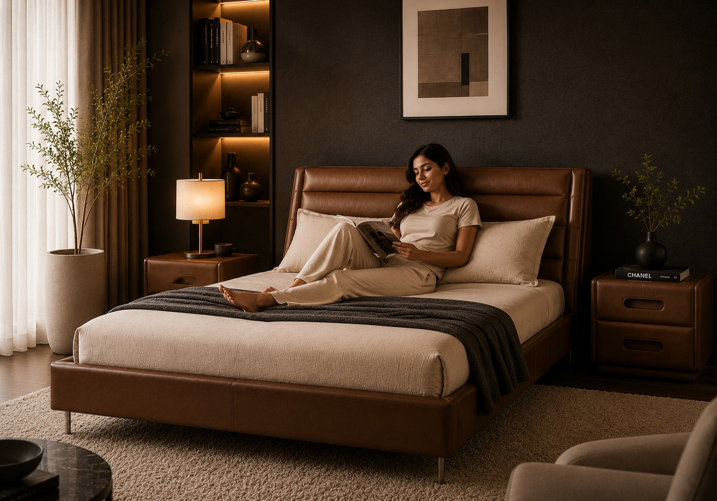 A woman relaxes on a brown leather bed in a modern, dimly lit bedroom. The bed features a low-profile frame, beige bedding, and a dark gray throw blanket.