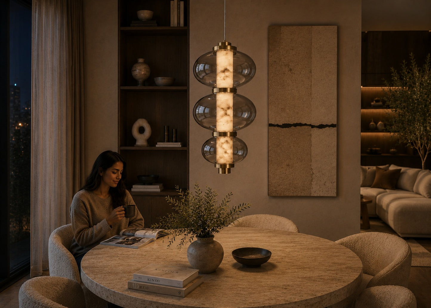 Woman sitting at a round wooden table in a modern living room with a pendant light.