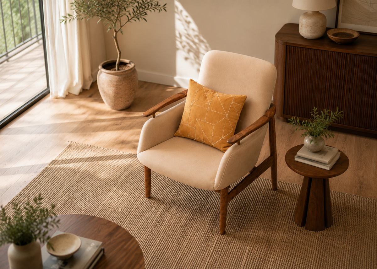 A mid-century modern armchair with cream upholstery and wooden arms sits in a sunlit living room on a woven rug, styled with a mustard yellow patterned throw pillow. A small wooden side table with a plant is beside the chair, and a dark wood cabinet, potted tree, and sliding glass door are in the background.