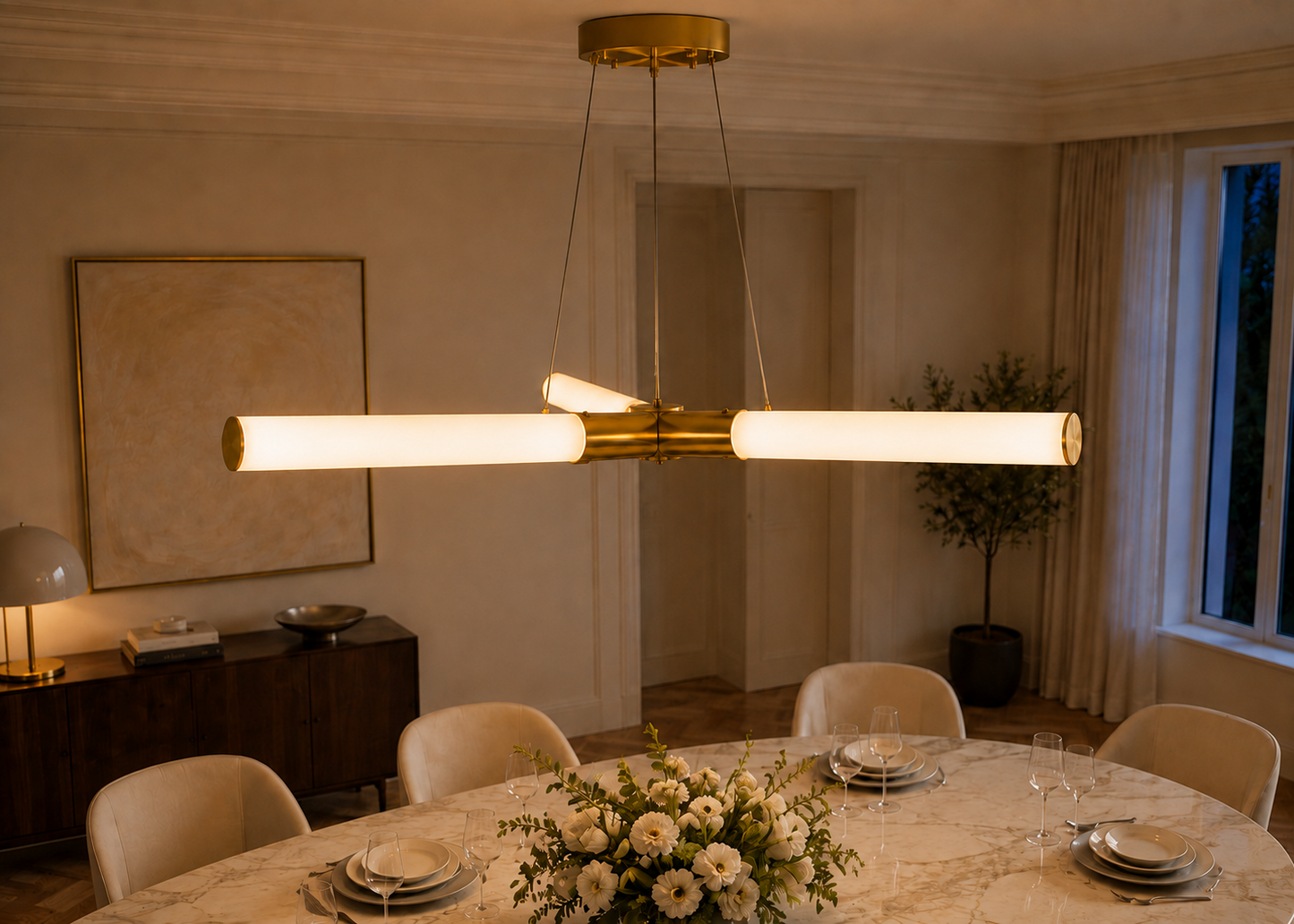 A modern linear chandelier with two horizontal frosted glass tubes and a brushed gold central bar, hanging over a marble dining table in a warmly lit, elegant dining room.