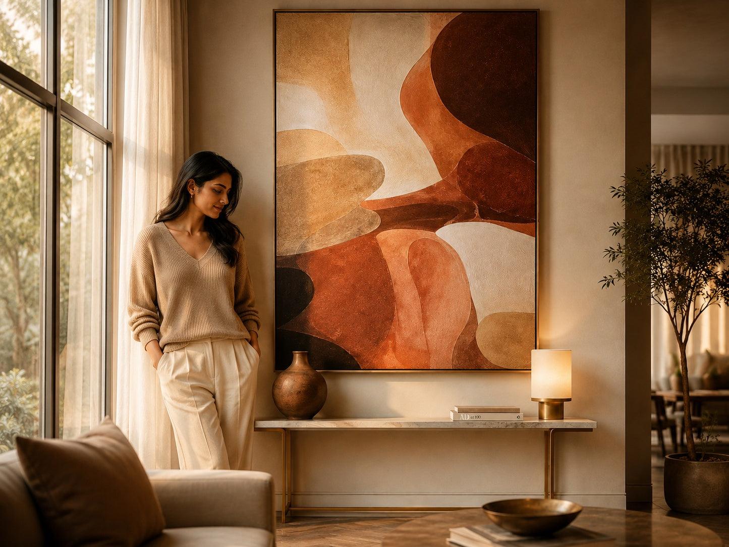 A woman in a beige sweater and white pants stands beside a large abstract wall art piece in a warm, modern living room. The artwork features flowing organic shapes in terracotta, rust, tan, cream, and brown tones, hanging above a console table with a lamp and decorative vase.