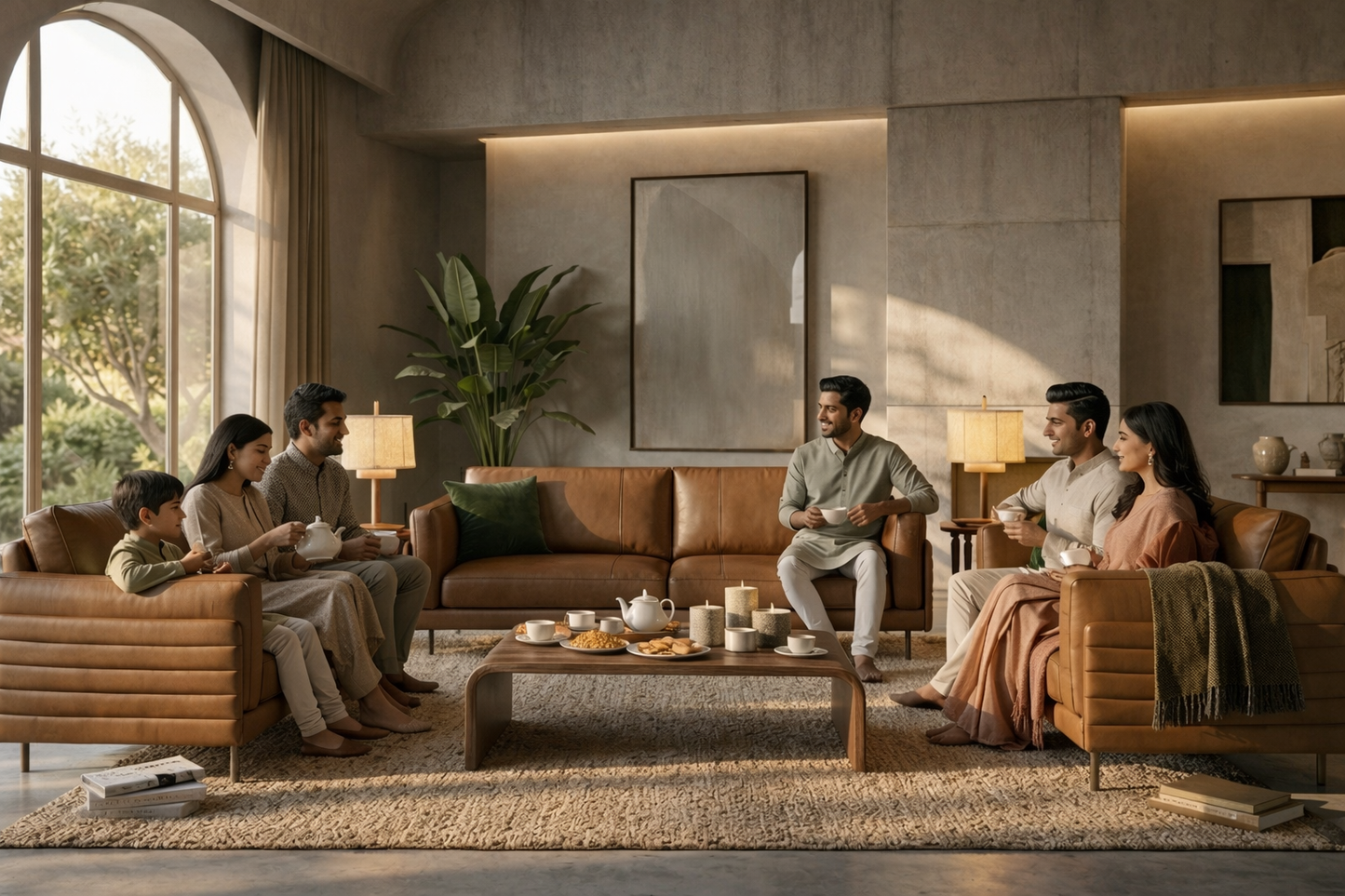 Group of people sitting on brown leather sofas in a modern living room.