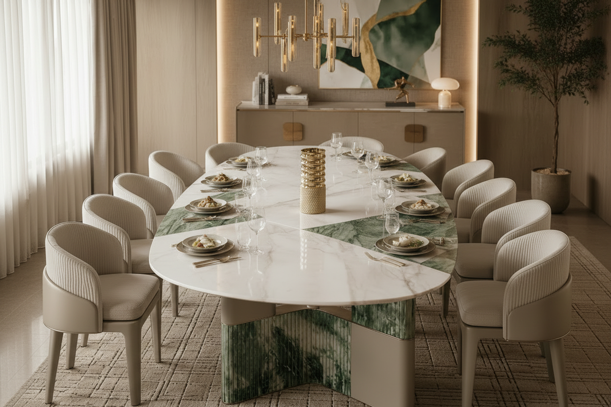 A luxury round dining table with a white marble top and green marble base, surrounded by beige upholstered chairs, with two women seated at the head of the table in a modern, elegantly decorated dining room.