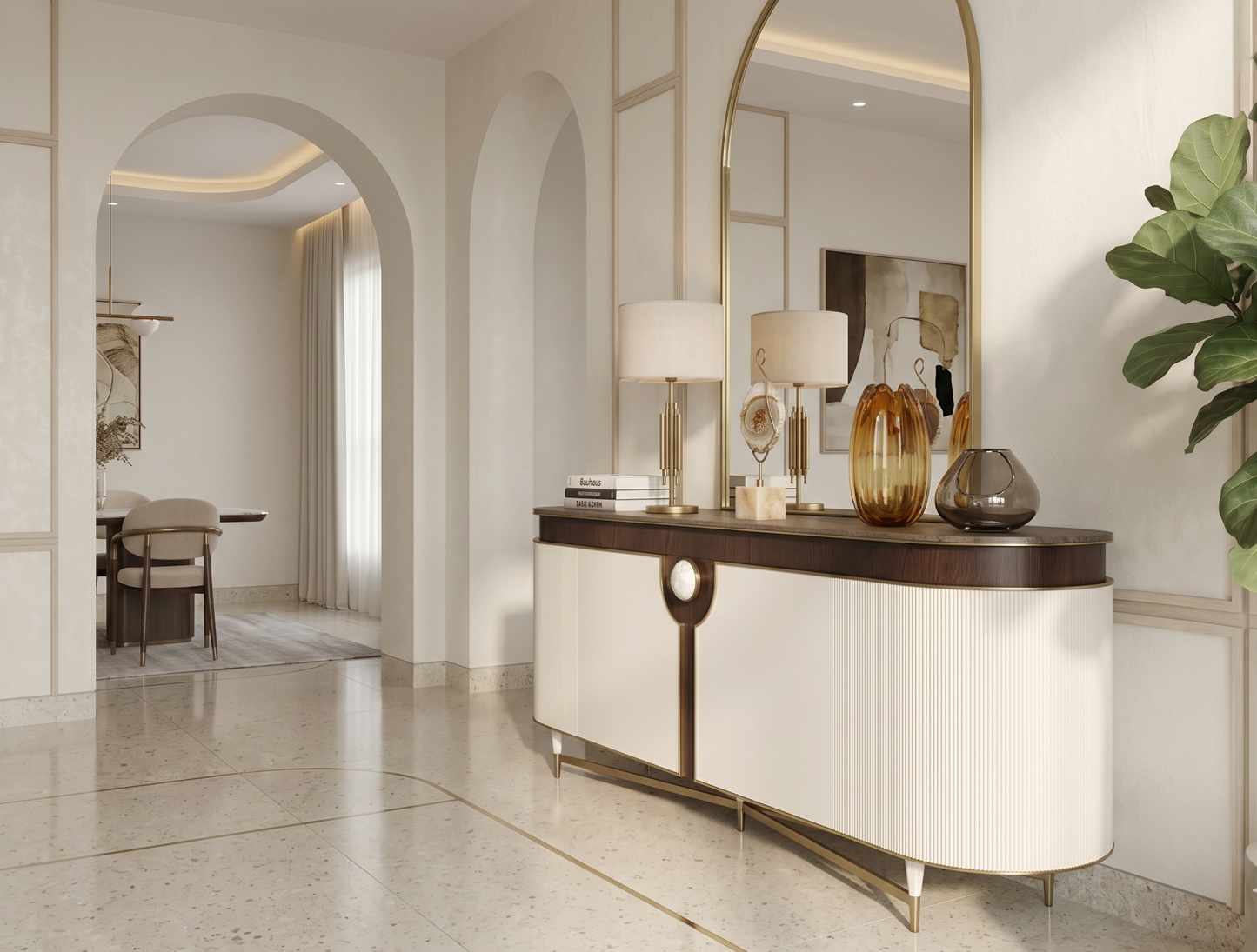 Modern interior design with a console table, mirror, and decorative items.