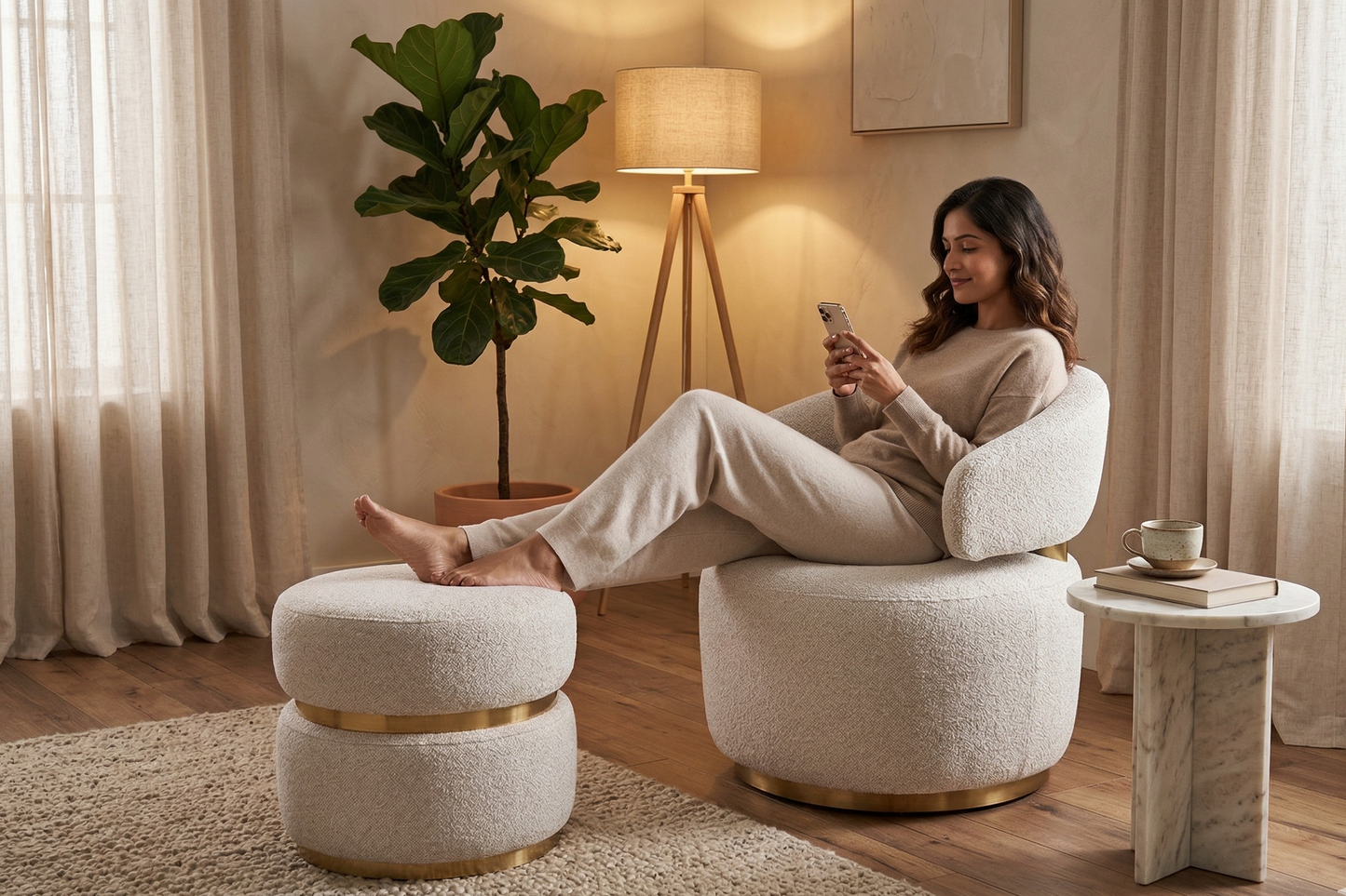 Woman sitting on a modern chair in a cozy living room using a smartphone.