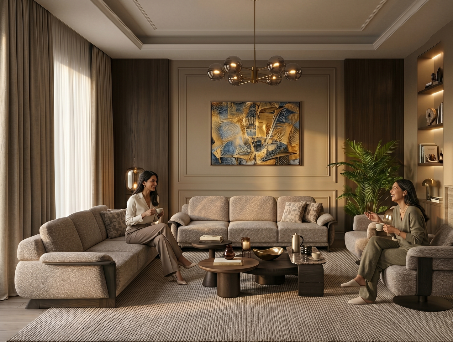 Two women sitting in a modern living room with a large abstract painting on the wall.