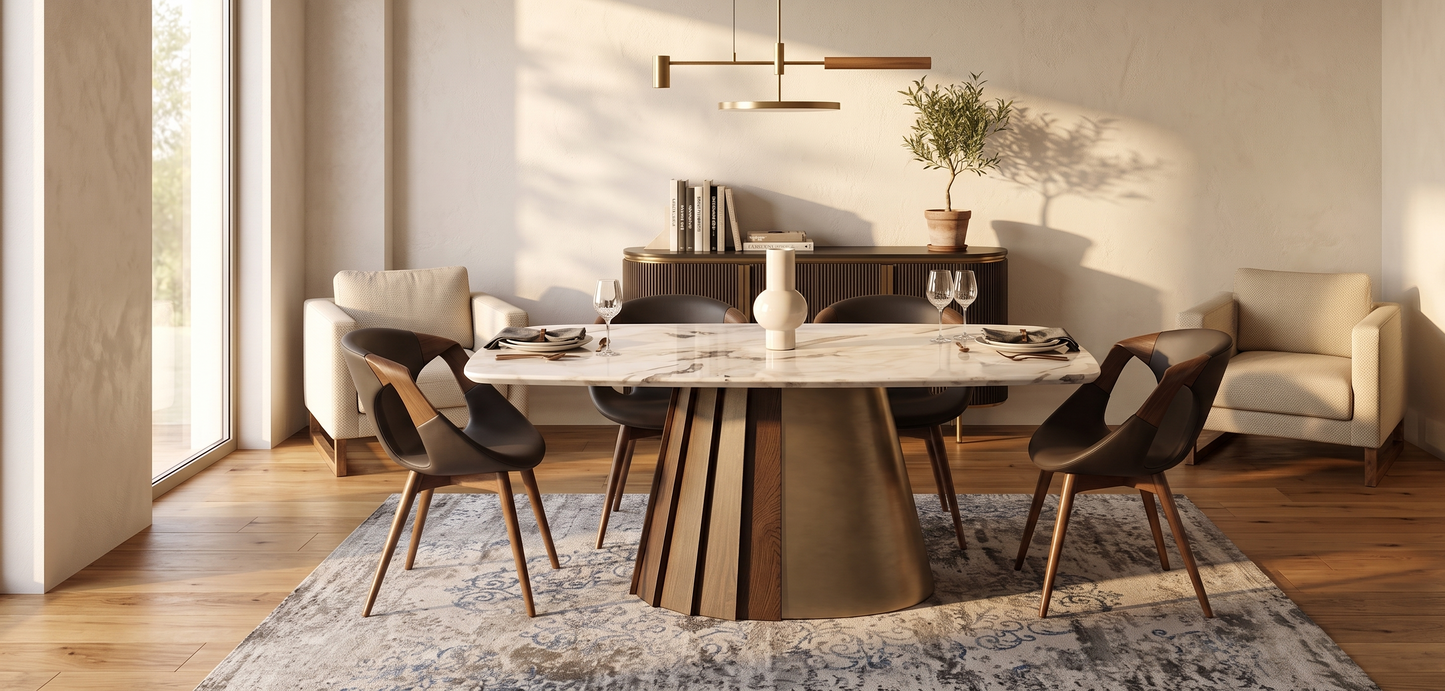 Modern dining room with a marble table and chairs in a well-lit room.