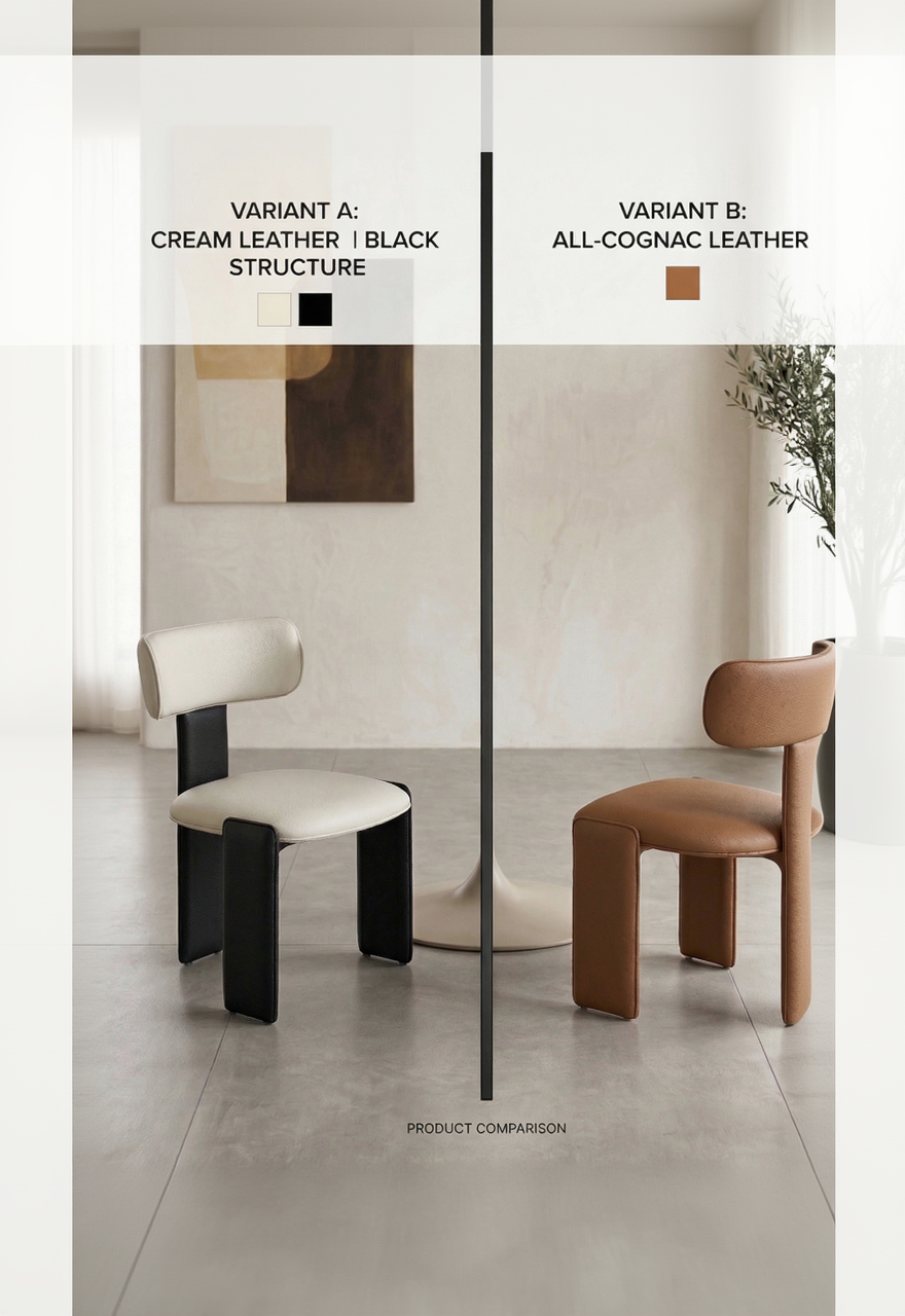 Two chairs with different leather finishes side by side in a minimalistic setting.