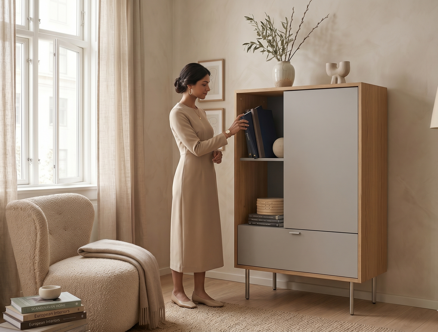 Woman in a beige dress standing next to a wooden cabinet in a cozy living room.