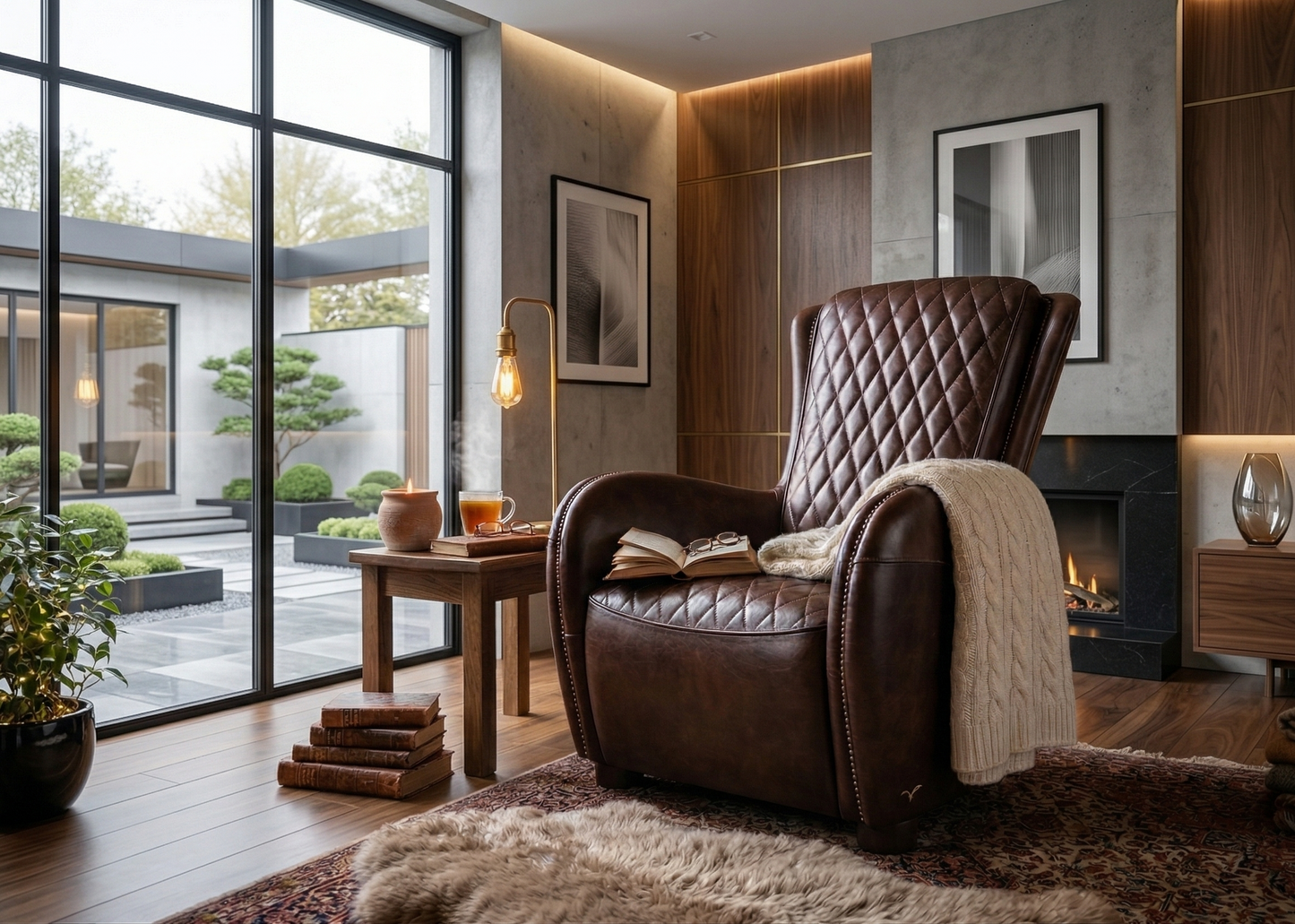 Cozy living room with a brown armchair, fireplace, and large windows.
