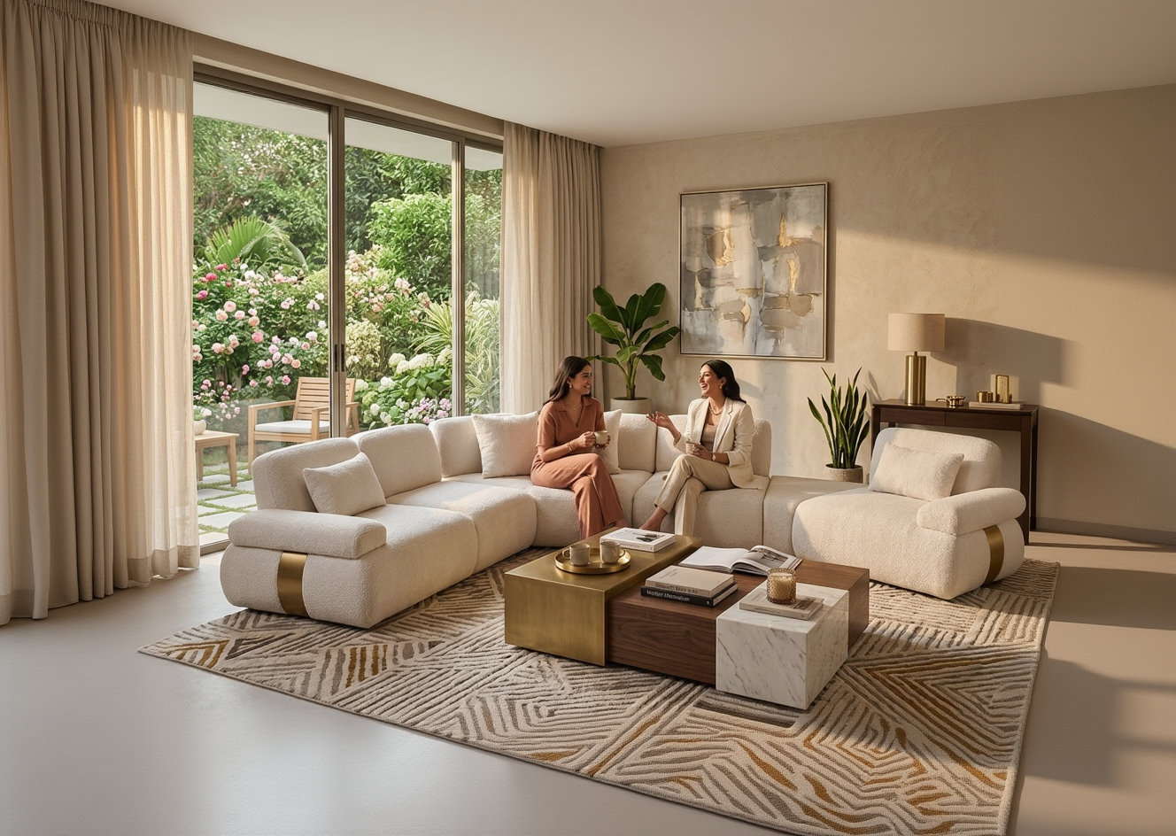Two women sitting on a beige sectional sofa in a stylish living room with large windows and decorative elements.