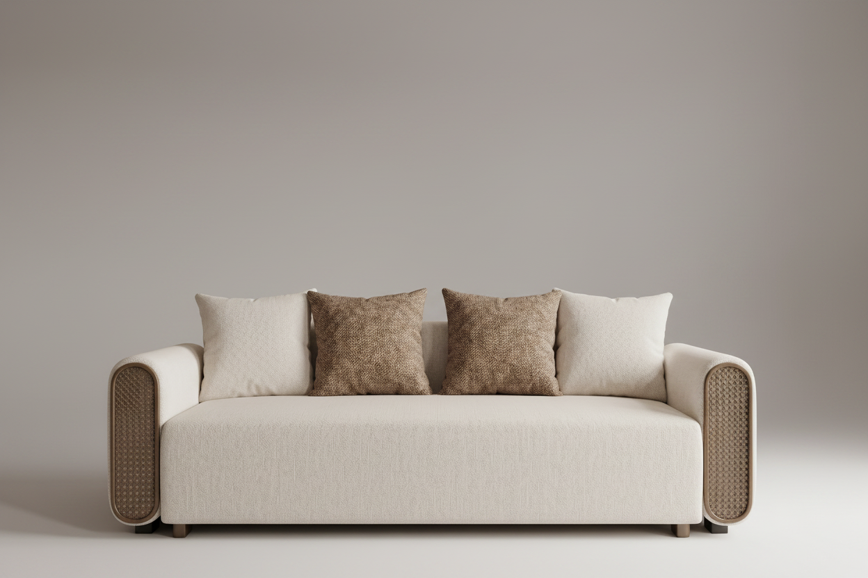 Beige sofa with decorative pillows in a modern living room setting