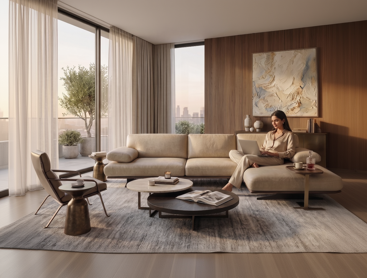 Woman sitting on a beige sofa in a modern living room with large windows and decorative elements.
