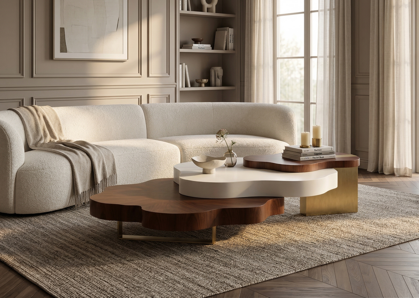 Modern living room with a white sofa, wooden coffee table, and decorative items.