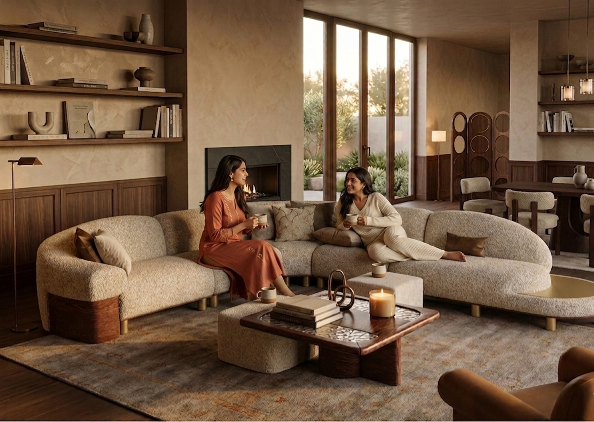 Two women sitting on a couch in a stylish living room with large windows.