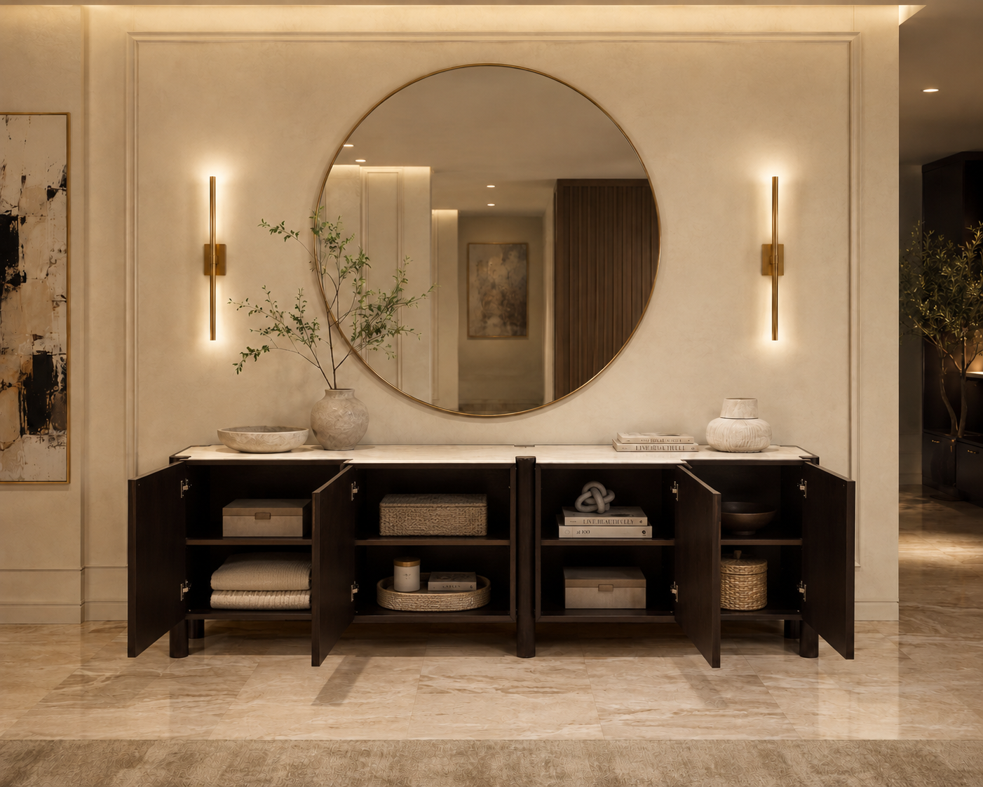Bathroom vanity with round mirror, open cabinets, and decorative items.