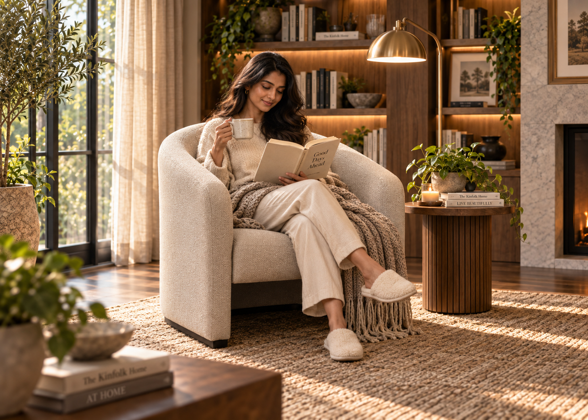 A woman relaxes in a cream upholstered armchair in a warm, sunlit living room, holding a mug and reading a book wrapped in a beige throw blanket. The room features a fireplace, bookshelves, plants, and a cozy rug.
