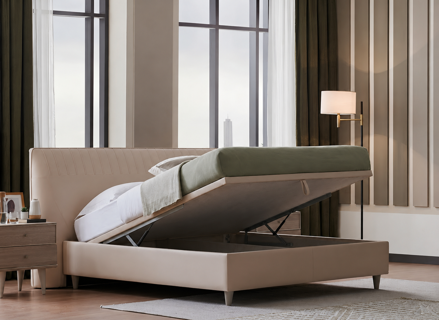 Beige upholstered bed with storage compartment in a modern bedroom setting.