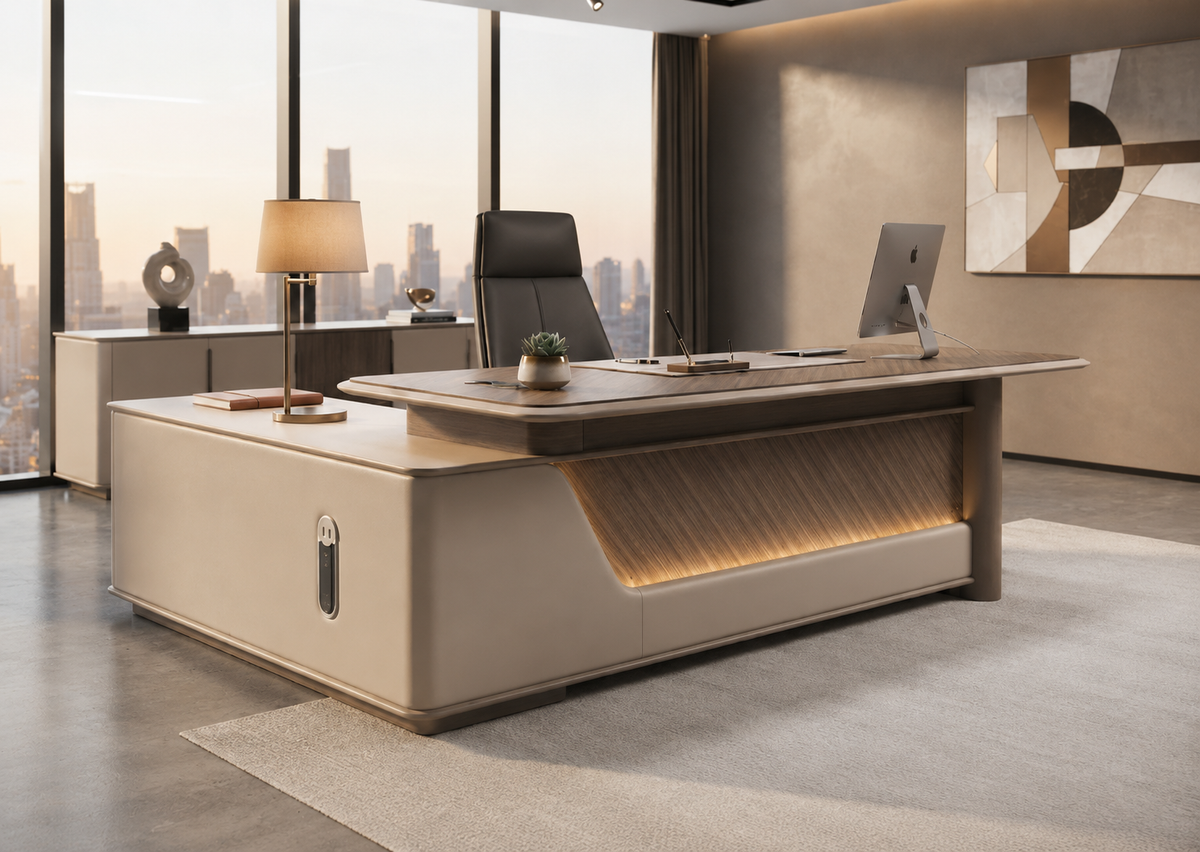 A modern beige and brown executive office desk with a built-in chair, styled in a contemporary office setting with a city skyline view.