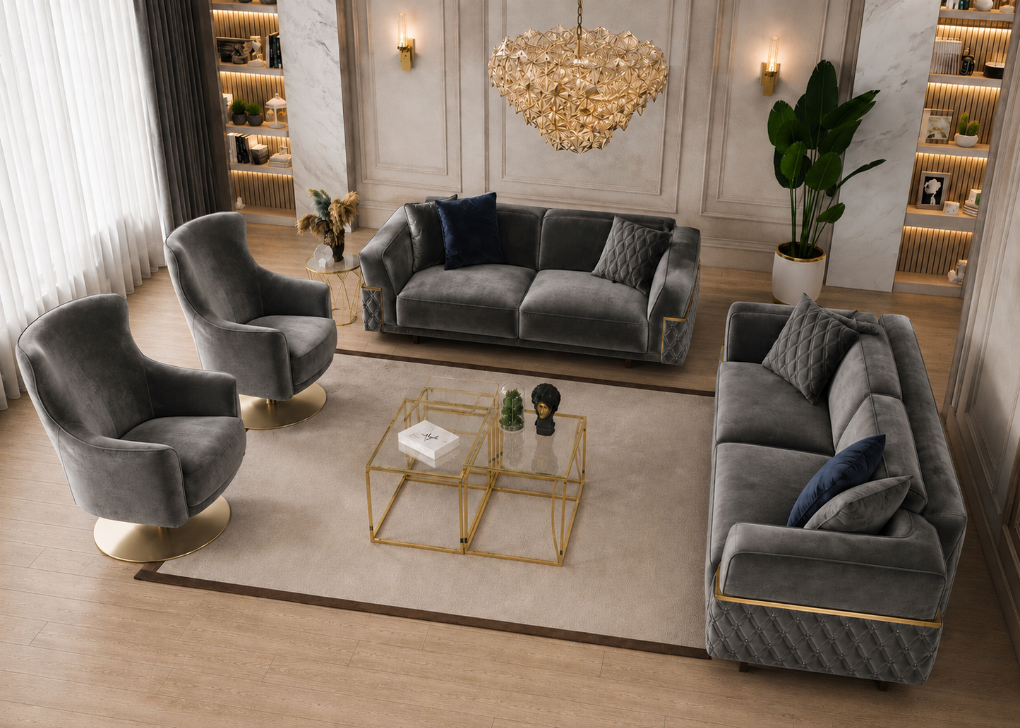 A luxury living room set featuring a gray velvet three-seater sofa, a matching two-seater sofa, two gray velvet swivel armchairs with gold bases, a gold-framed glass coffee table, and a beige area rug, arranged in a modern, elegant interior.