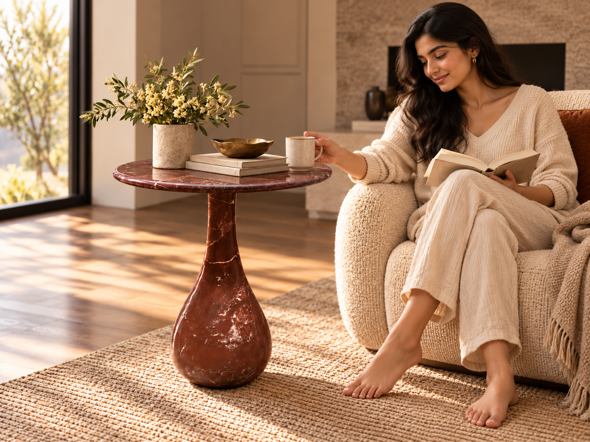 Barefoot woman reading beside Altera burgundy marble teardrop pedestal side table with warm home styling