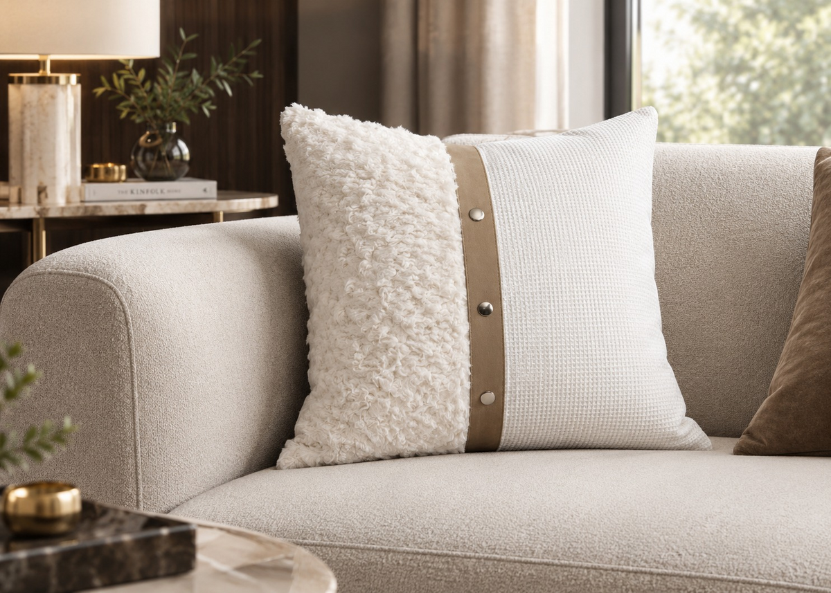 Aurelia Tailored Cushion in ivory with mixed textures, taupe centre band and metal stud details