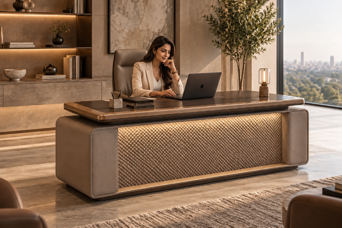 Novara executive MD office desk styled with Indian businesswoman working at a laptop in a premium contemporary cabin