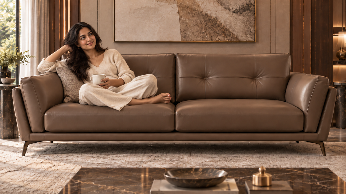 Rovelle pure leather sofa in granite brown with a casually relaxed woman in cream knitwear holding a mug