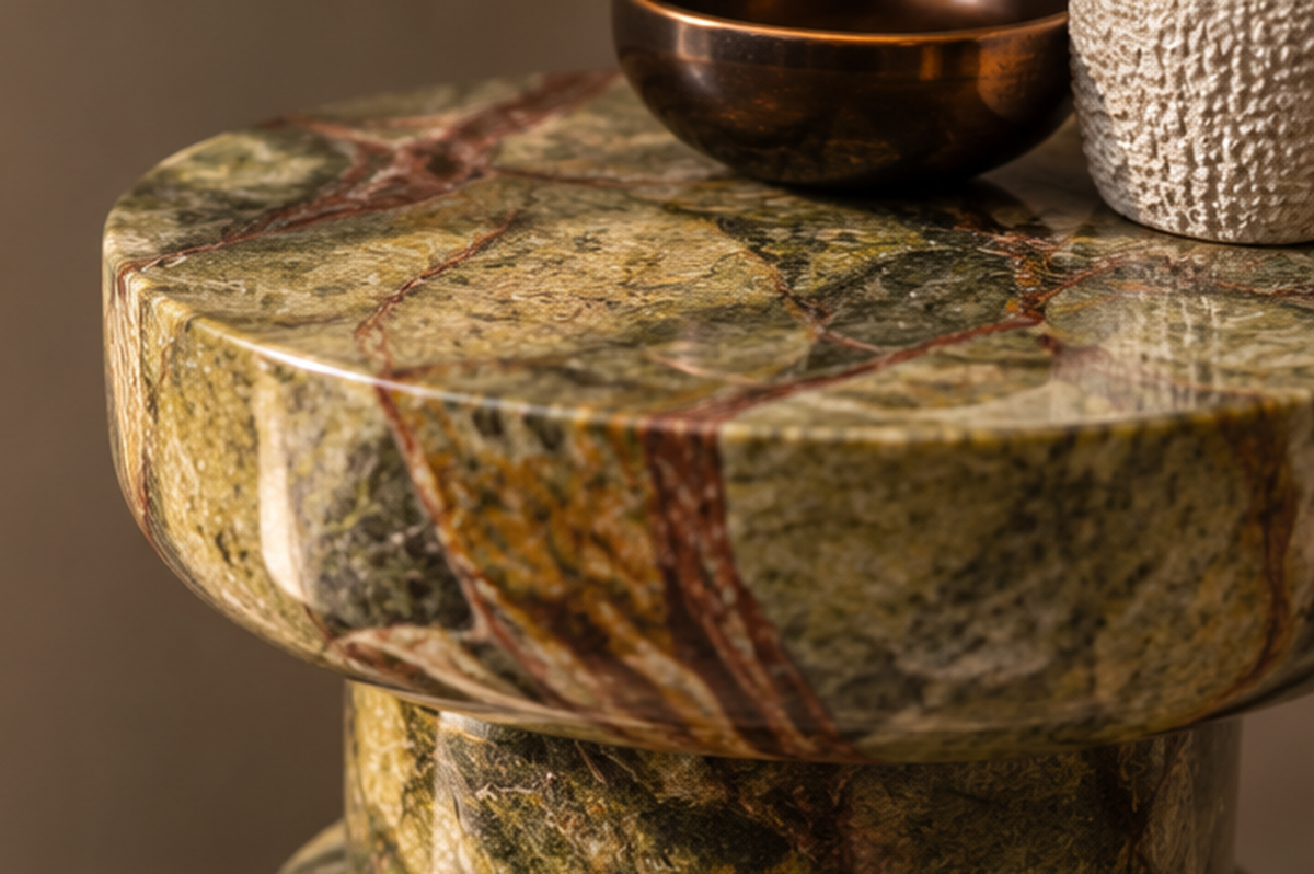 Close-up of polished olive green marble-look pedestal top with contrasting reddish-brown veins and rounded sculptural edge