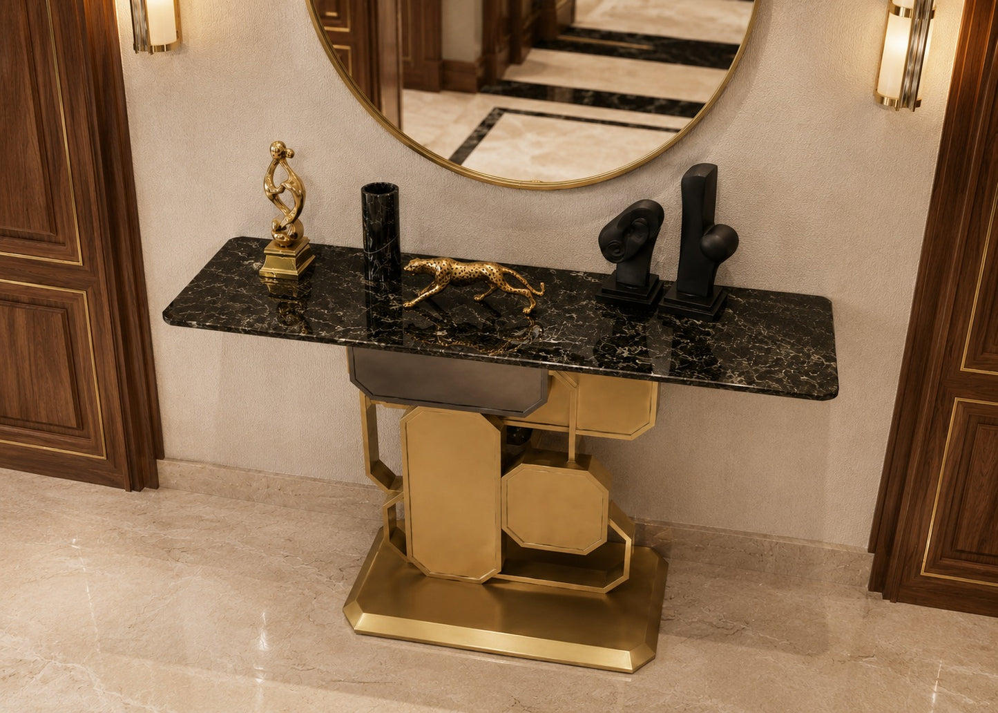 Decorative console table with marble top and gold base in a room setting.