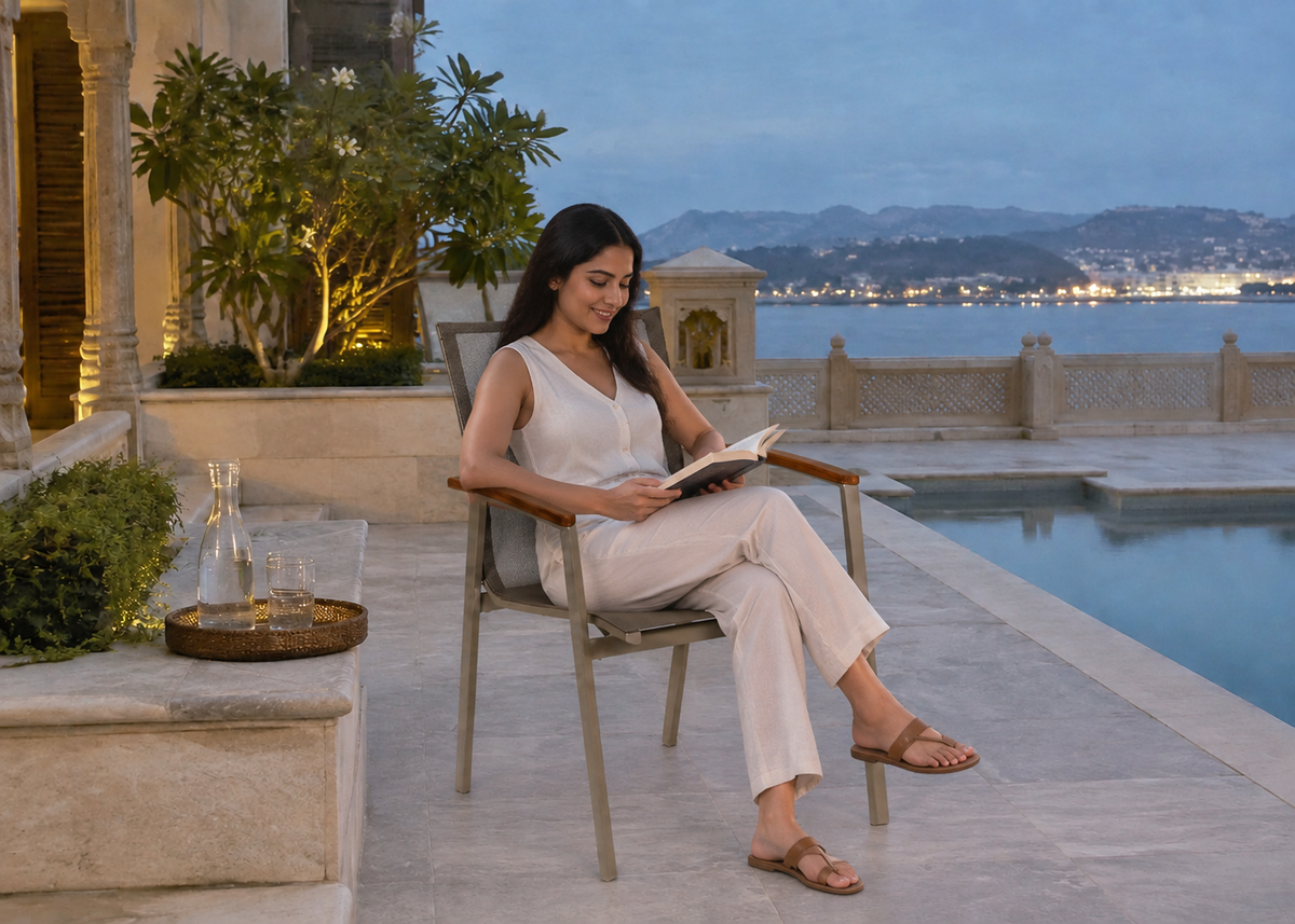 Daisy Chair with an Indian model in the Udaipur Lake Terrace