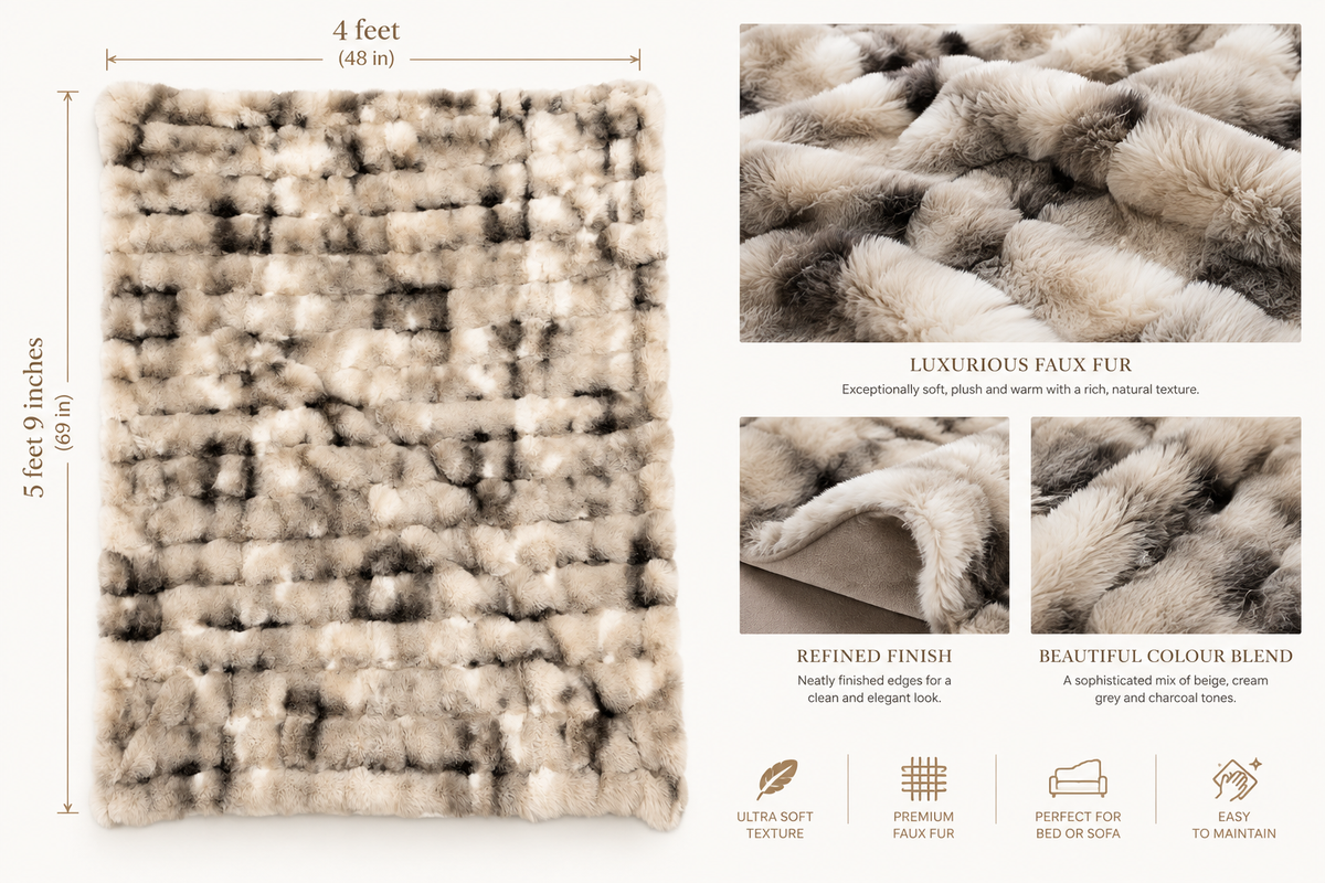 Eira Faux Fur Throw dimensions 5 feet 9 inches by 4 feet with close-up faux fur texture details