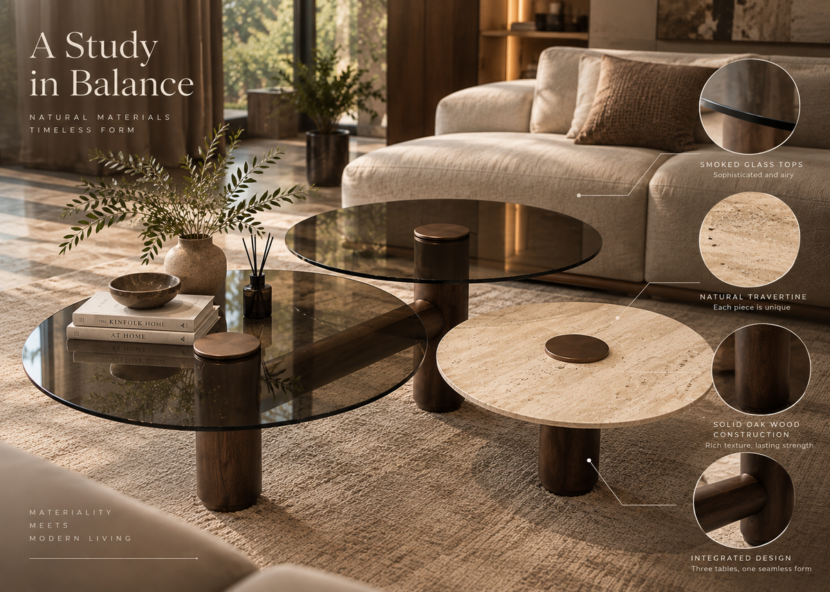 Eldessa coffee table material details with smoked glass, travertine and solid dark oak