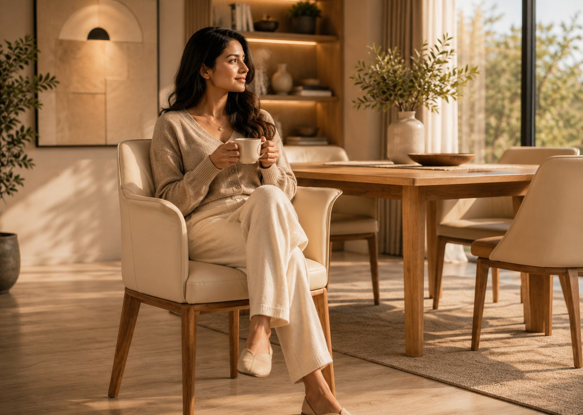 A woman sits in a cream upholstered armchair in a warm, modern dining room, holding a white mug. The room features a wooden dining table, matching chairs, built-in shelving, and large windows with soft natural light.
