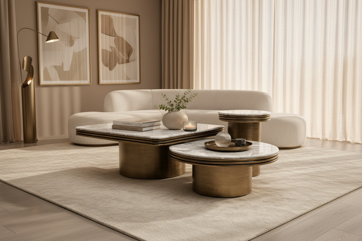 Set of bronze and marble coffee tables against a gray concrete wall.