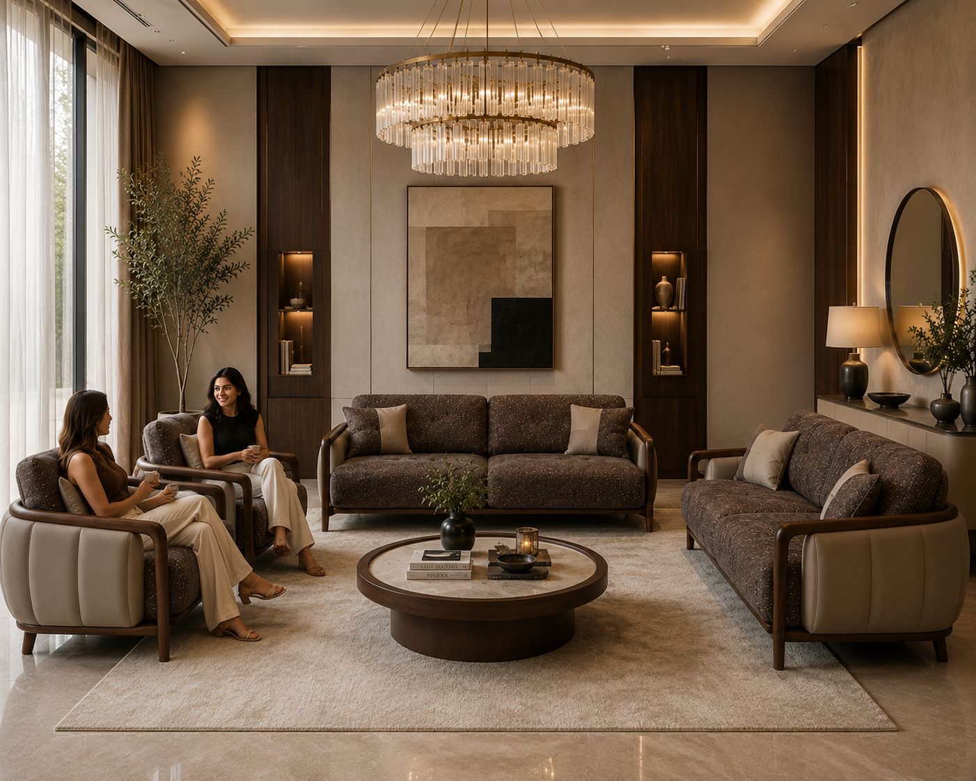 A luxury modern living room featuring a dark brown textured sofa, a matching armchair with two women sitting in it, a second sofa on the right, a round wooden coffee table, and a large tiered crystal chandelier hanging from the ceiling.