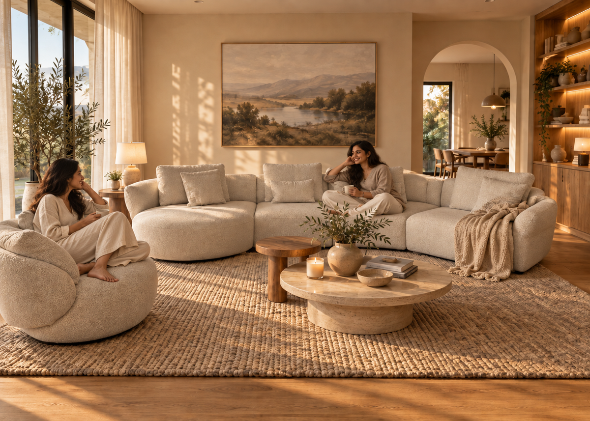 Lunara Sofa lifestyle scene with two people in a warm contemporary living room