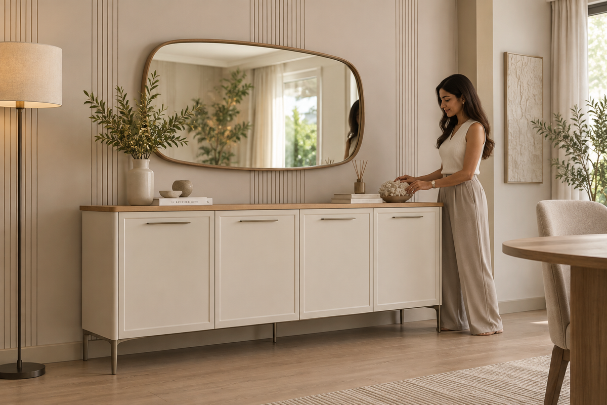 Marsana Console by Enza Home styled in a warm modern dining interior with a human figure