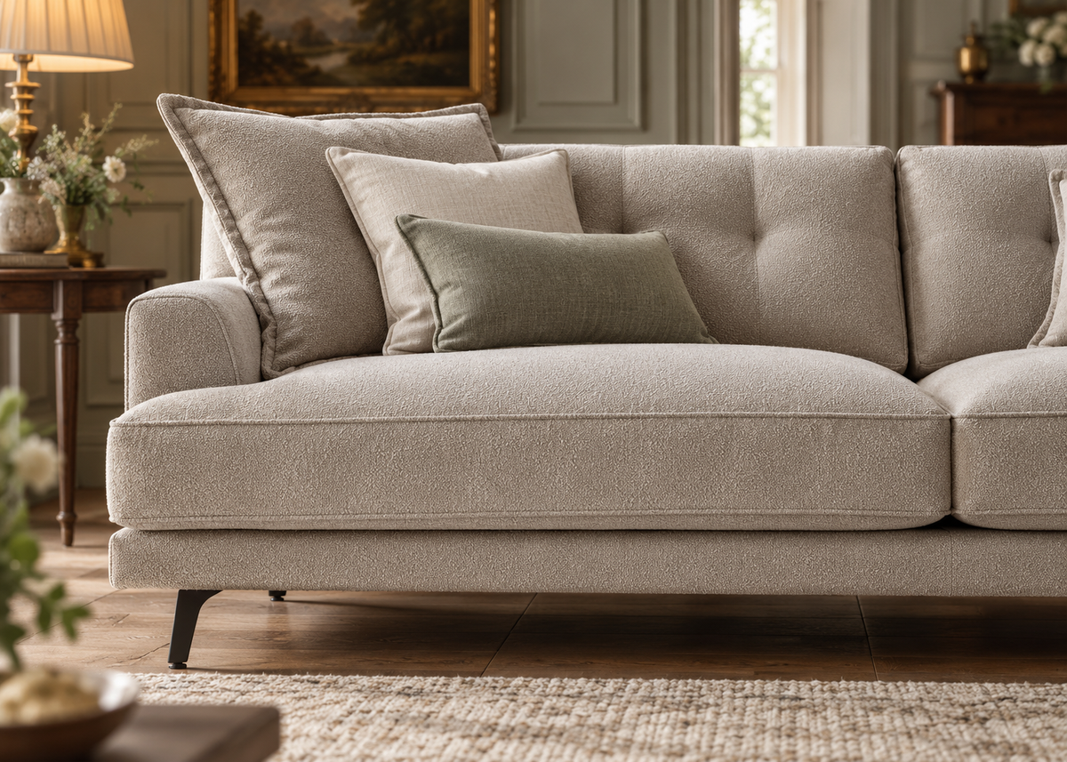 Milan sofa detailed close-up of warm greige bouclé nubby weave, gently rounded arm, tailored seat piping, channel back cushions and black blade leg