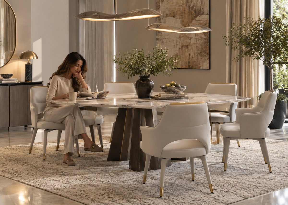 Mira Dining Chair in a luxury dining room with a woman reading