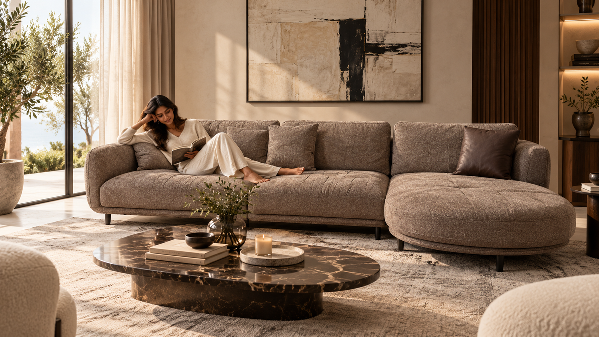 Prime Relax right-hand chaise sectional sofa with young Indian woman relaxing and reading in a refined luxury living room