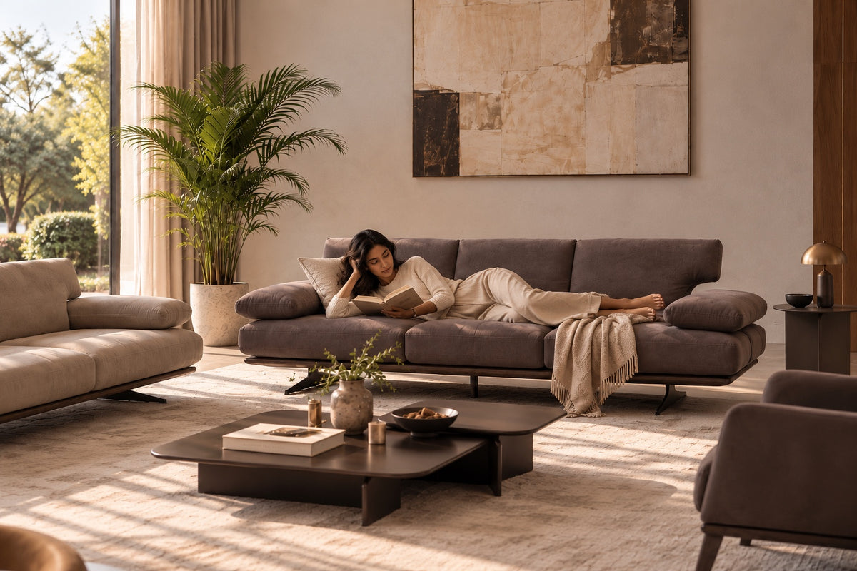 Rapid Sofa lifestyle view with a woman reclining comfortably and reading a book
