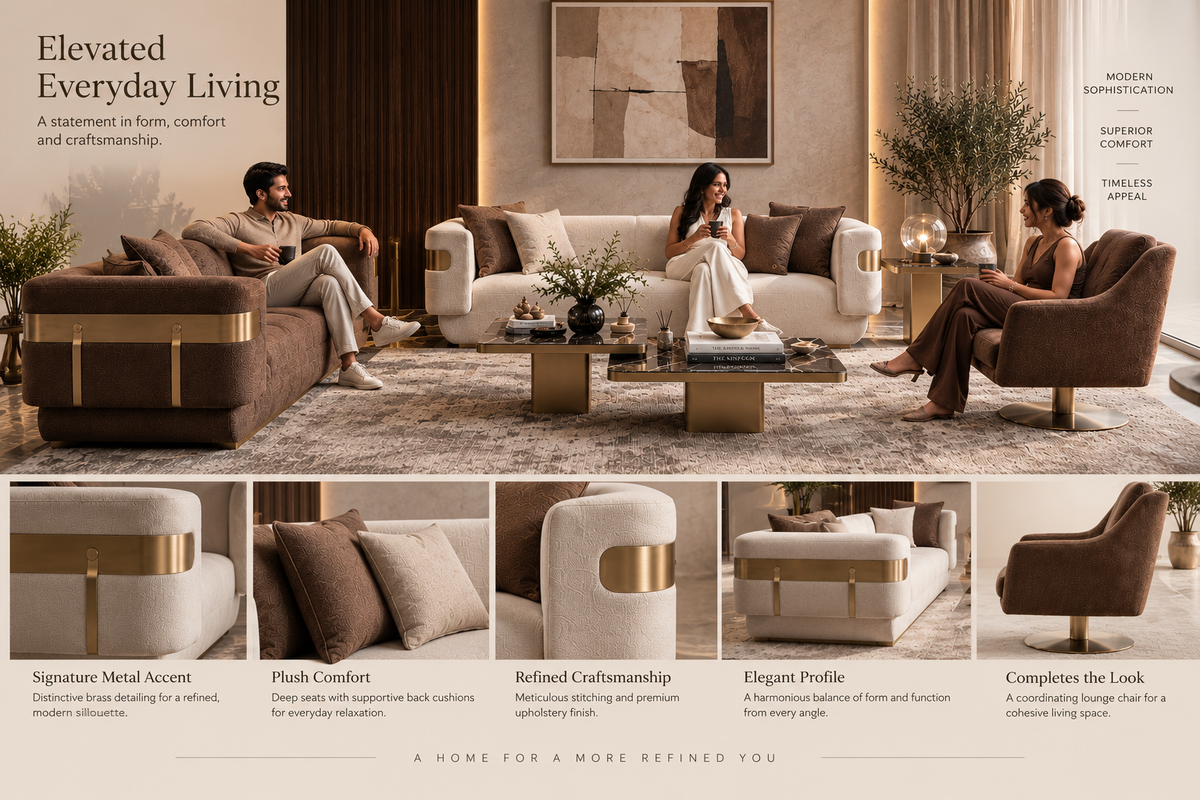 Reina luxury sofa design details with brass accents and plush upholstery