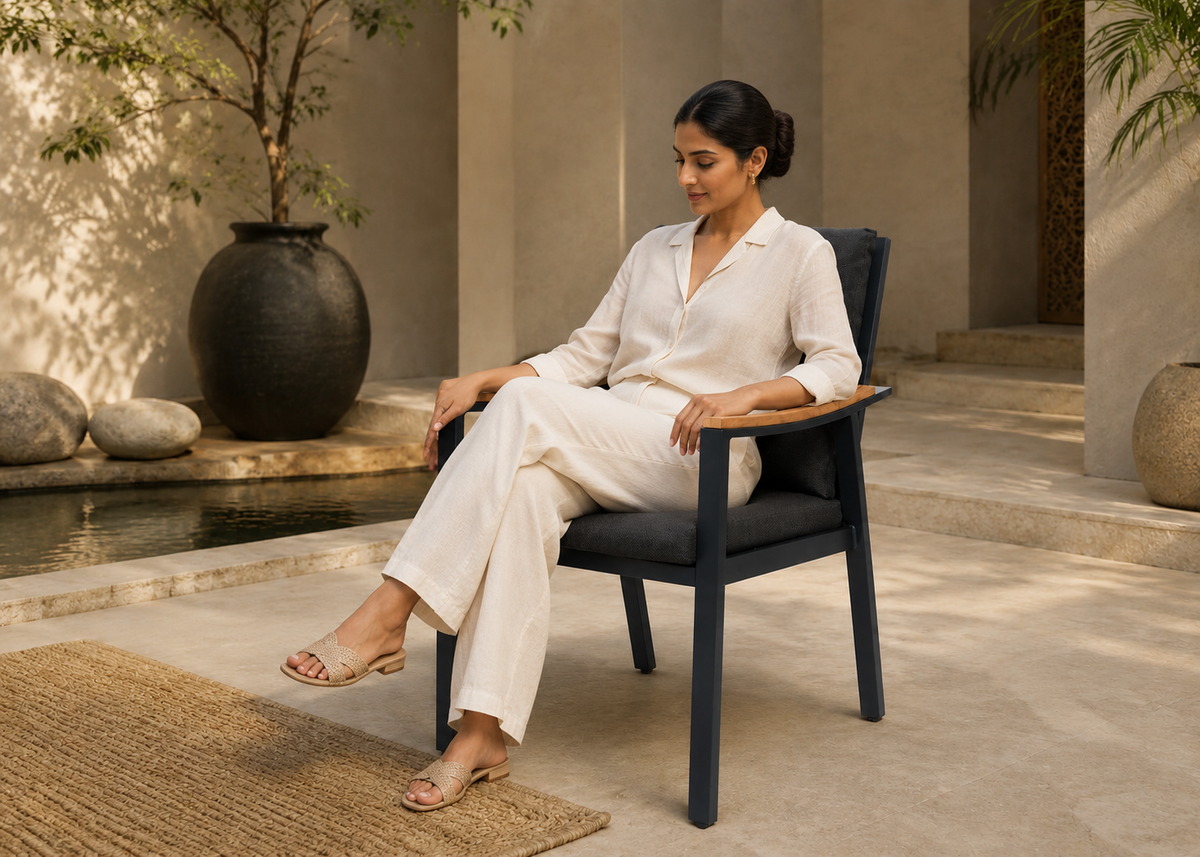 Rover-chair in Noida Sculptural Patio with Indian model – lifestyle view